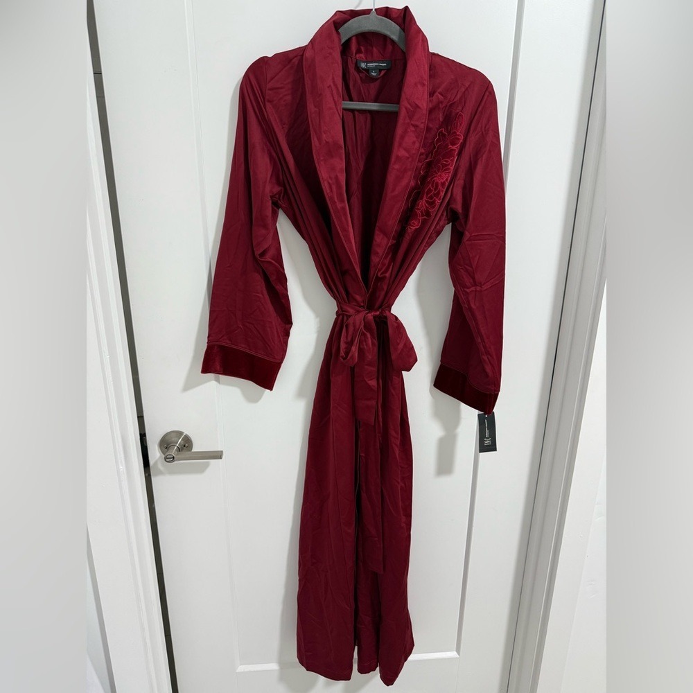 INC‎ Intimates Cherry Red Long Robe Embroidered Velvet Trim Belted NWT